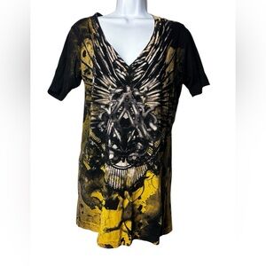 Womens Black Archaic Affliction Y2K Tshirt Size Xl Yellow And Black Silver Foil